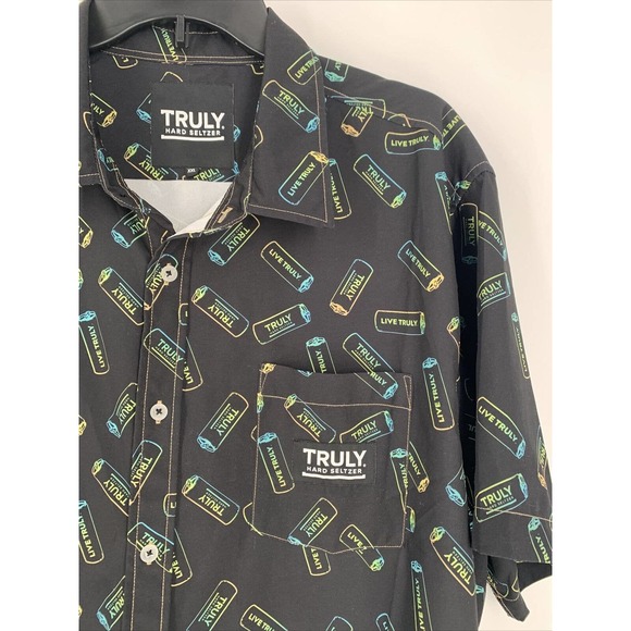 Truly Hard Seltzer Shirt Men 2XL XXL Black Neon Hawaiian Party Button Up Stretch - Picture 1 of 7